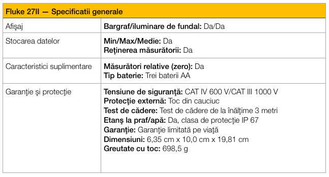 Fluke 27II - Specificatii generale